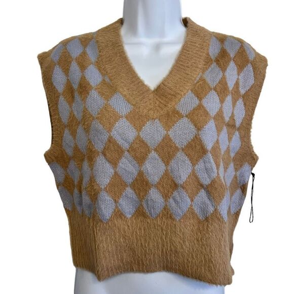 Sincerely Jules Soft Fuzzy Tan Light Blue Argyle Cropped Sweater Vest Sz XS NWT - Picture 1 of 7